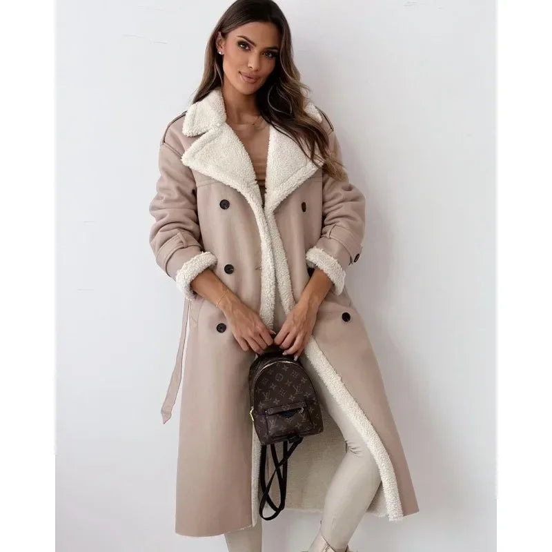 Women's Coat. Fashionable Faux Fur. Lapel Collar.