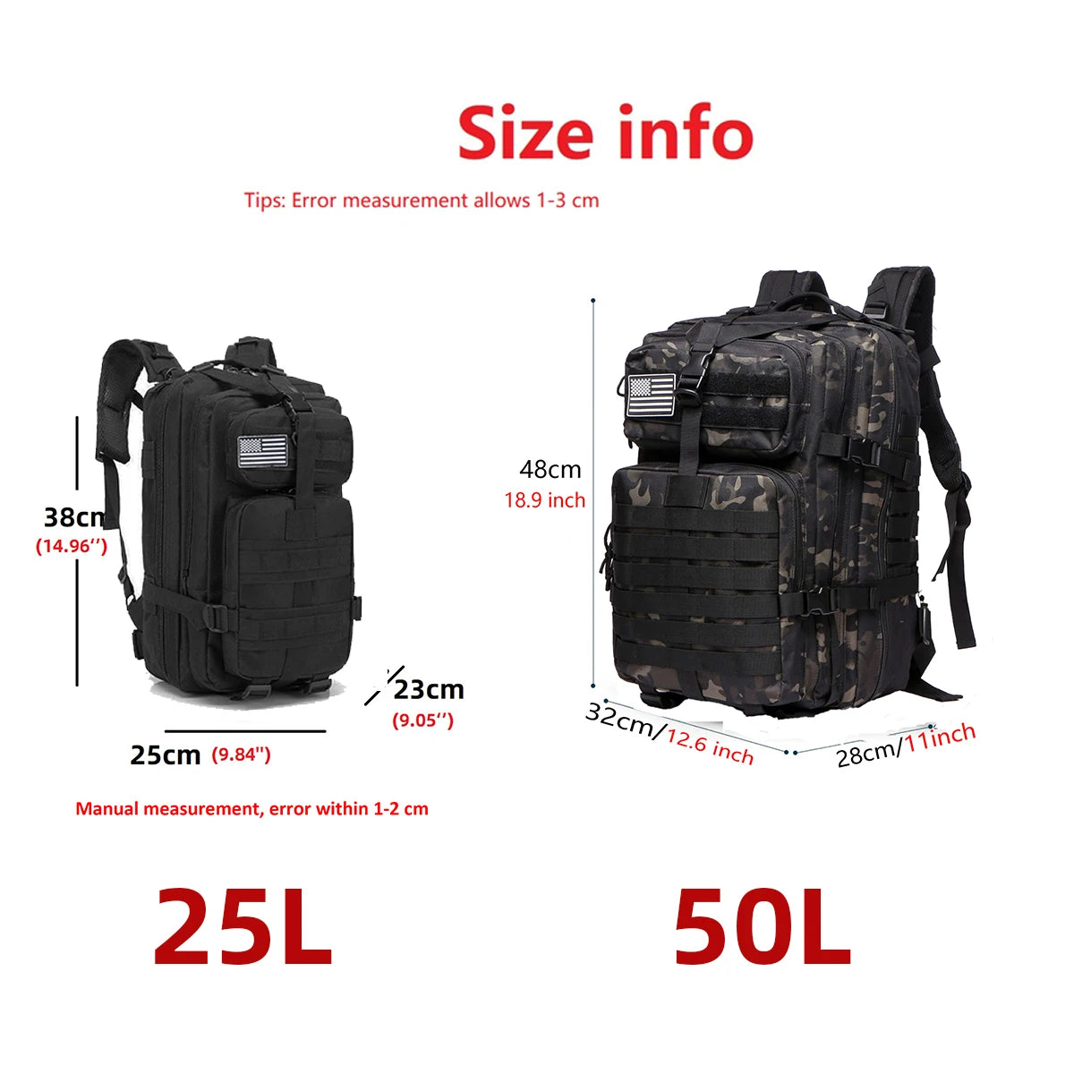 25L/50L Sturdy Nylon Waterproof, Tactical Camping, Hiking Backpack.