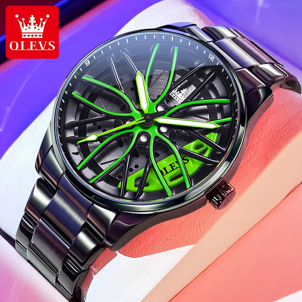 OLEVS 9937 Men's Rotatable Wheel Hub Dial Fashion Trend Quartz Watch, Waterproof, Luminous, Stainless Steel.