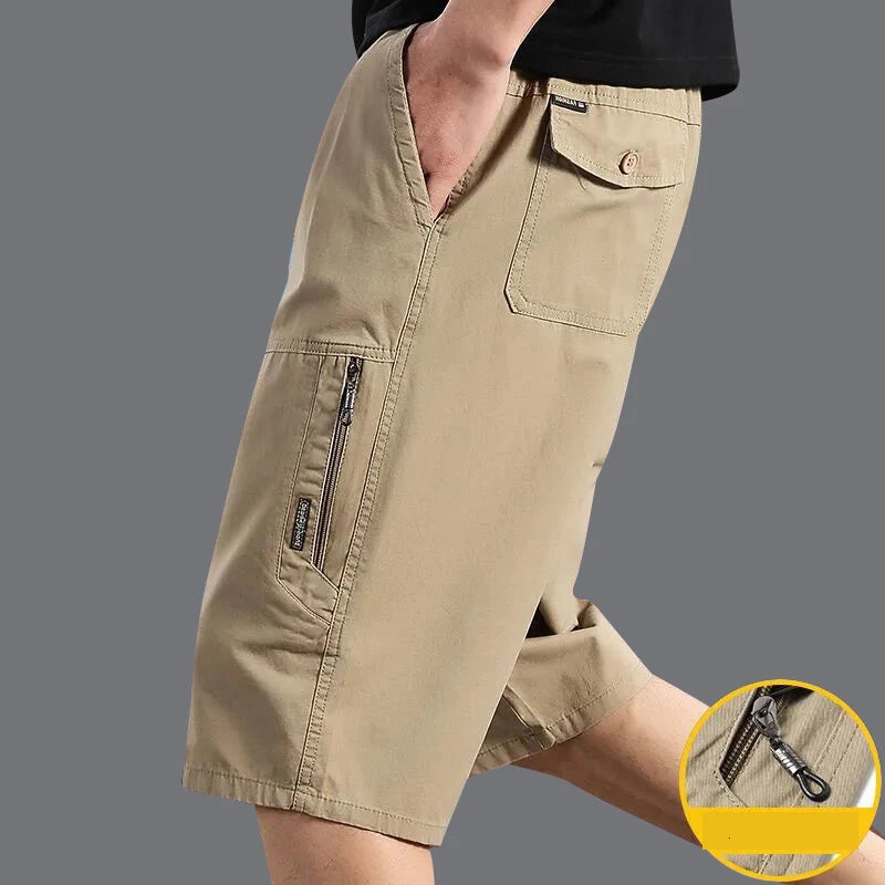 Classic Cargo Shorts, Zipper Pocket, Casual Knee Shorts. Cotton.