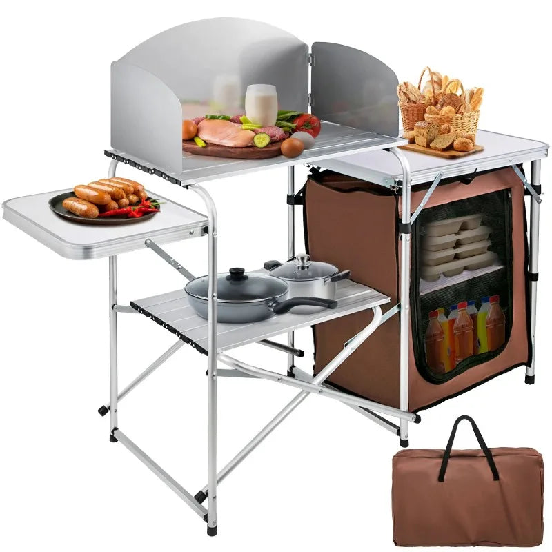 Bentism Camping Kitchen Station. Aluminum, Folding, Windshield, Storage Organizer.