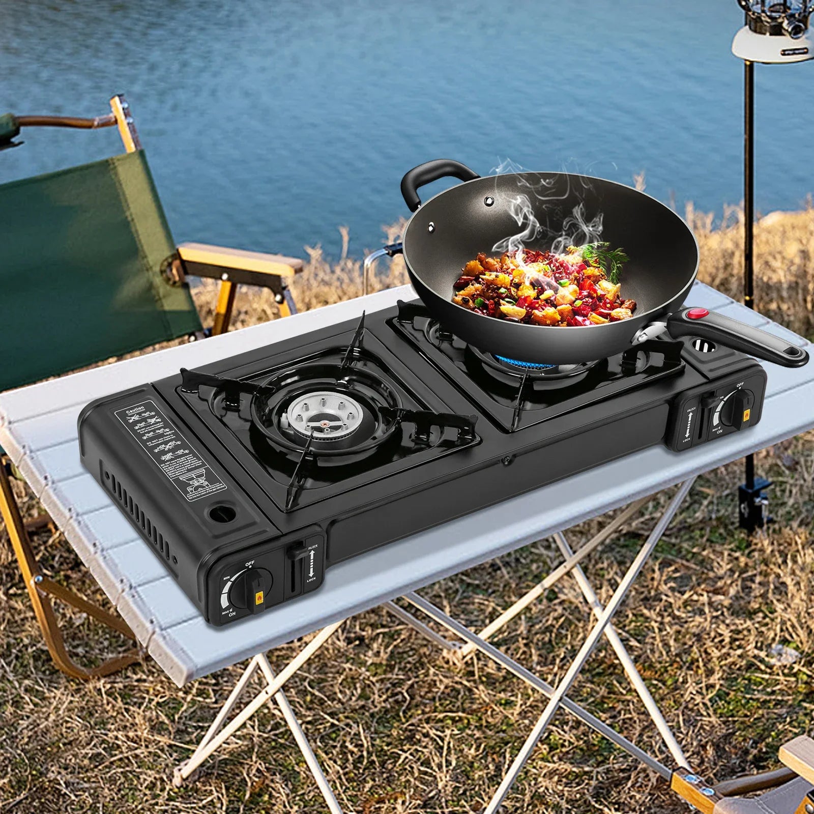 Portable Stove, 2 Burners, Butane, Carrying Case, Auto Ignition .
