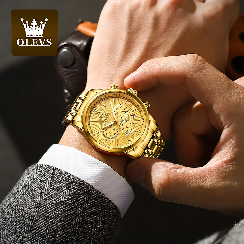 OLEVS Men's Luxury Gold Fashion Wristwatch. Stainless Steel - Waterproof - Luminous - Chronograph Date - 24 Hour Display.
