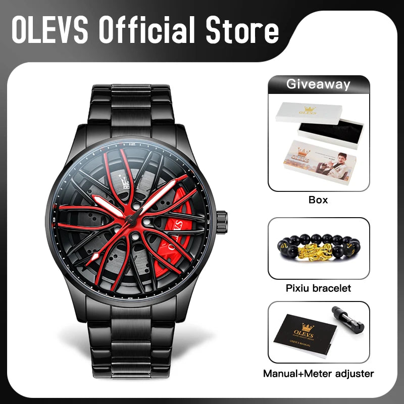 OLEVS 9937 Men's Rotatable Wheel Hub Dial Fashion Trend Quartz Watch, Waterproof, Luminous, Stainless Steel.