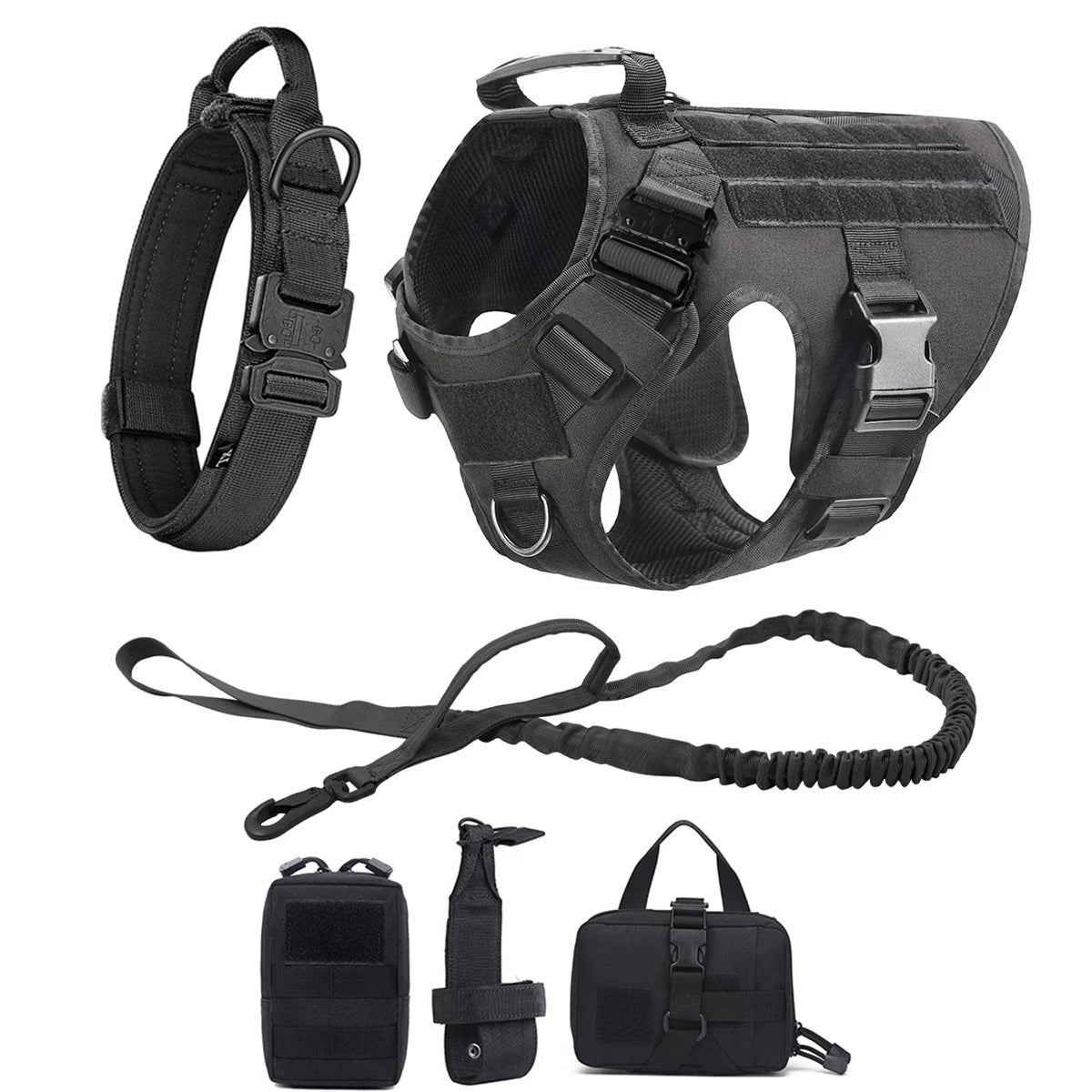 Tactical Dog Harness, Leash And Collar. Molle Pouches for Medium - Large Dogs. Adjustable Service Dog Harness.