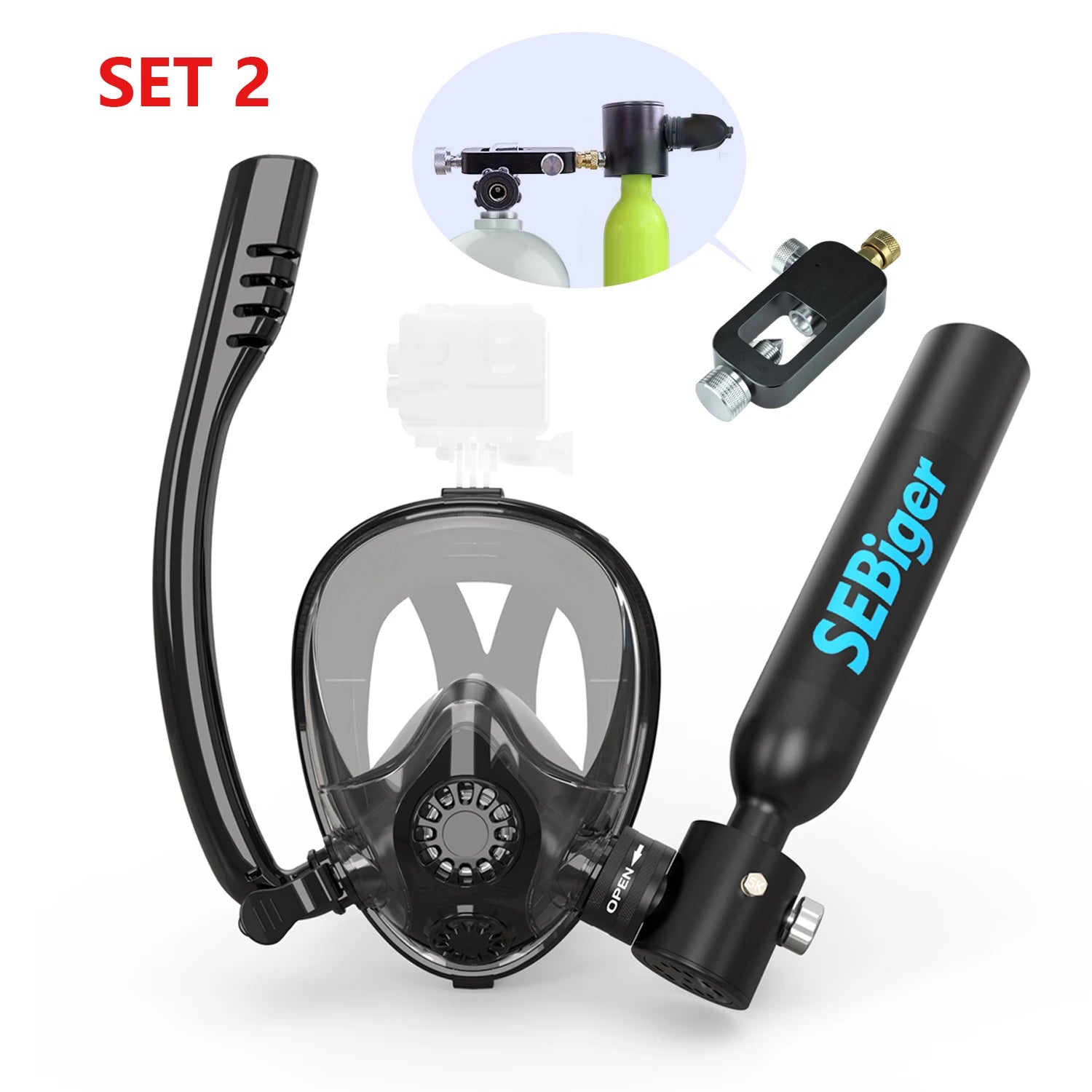 0.5L Diving Tank and Full Face Mask. 5-10 minutes underwater, Refillable.
