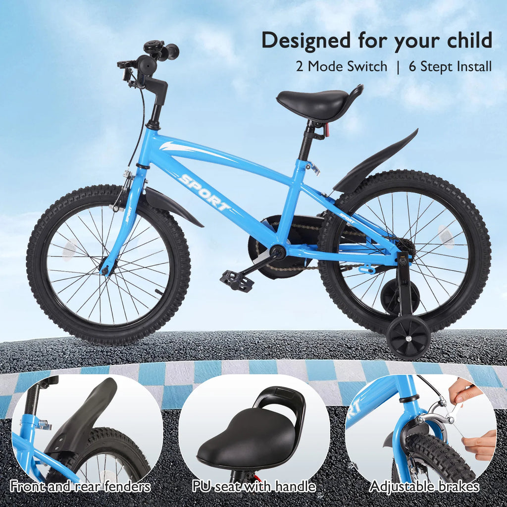 18" Kids Bike - Blue - with Removable Training Wheels.