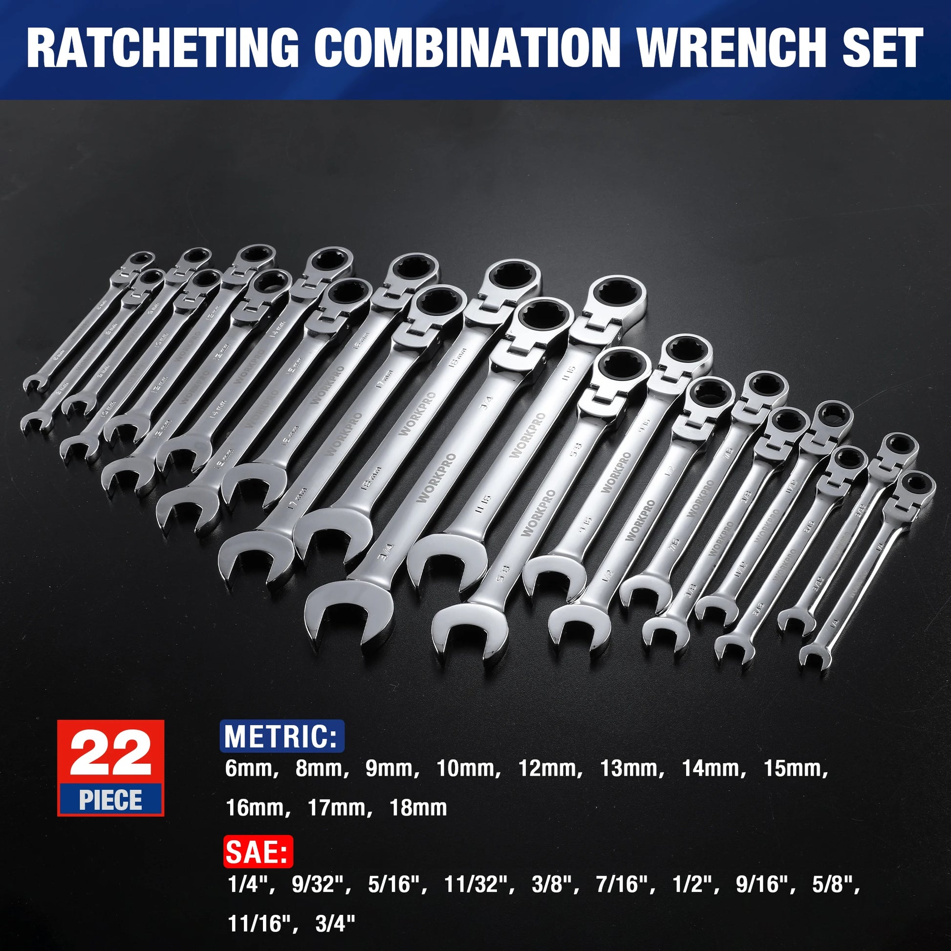 WORKPRO 22pcs Ratcheting Wrench Set. Flex-Head Ratchet Combination Wrench Sets with Organizer Box 72 Teeth.