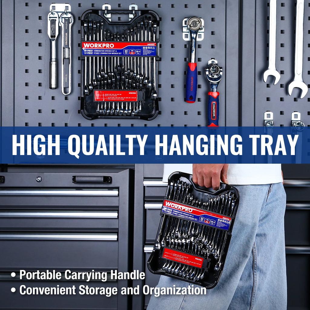 WORKPRO 32-Piece SAE & Metric Combination Wrenches Set, 20-Piece Standard wrenches and 12-Piece Stubby Wrenches with Organizer.