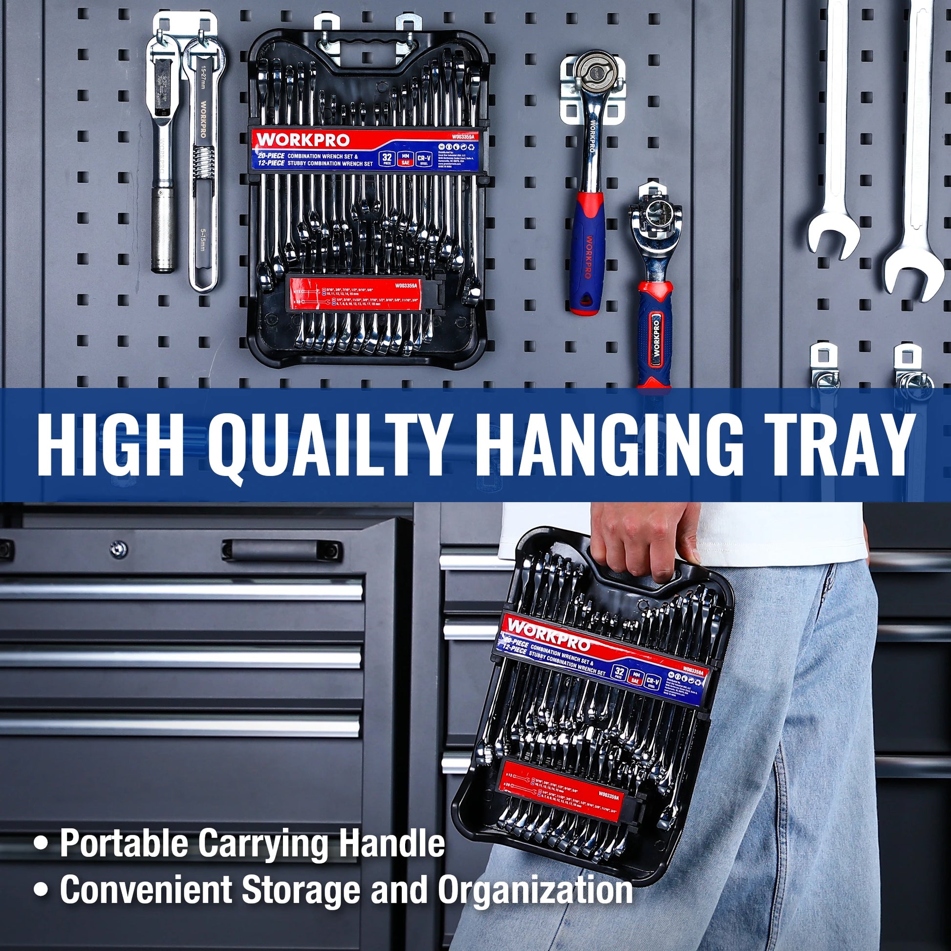 WORKPRO 32-Piece SAE & Metric Combination Wrenches Set, 20-Piece Standard wrenches and 12-Piece Stubby Wrenches with Organizer.