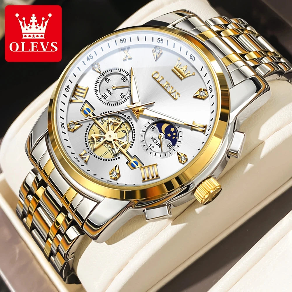 OLEVS Men's Classic, Multifunctional, Chronograph, Quartz Wristwatch. Moon Phase, 24 Hour, Waterproof.