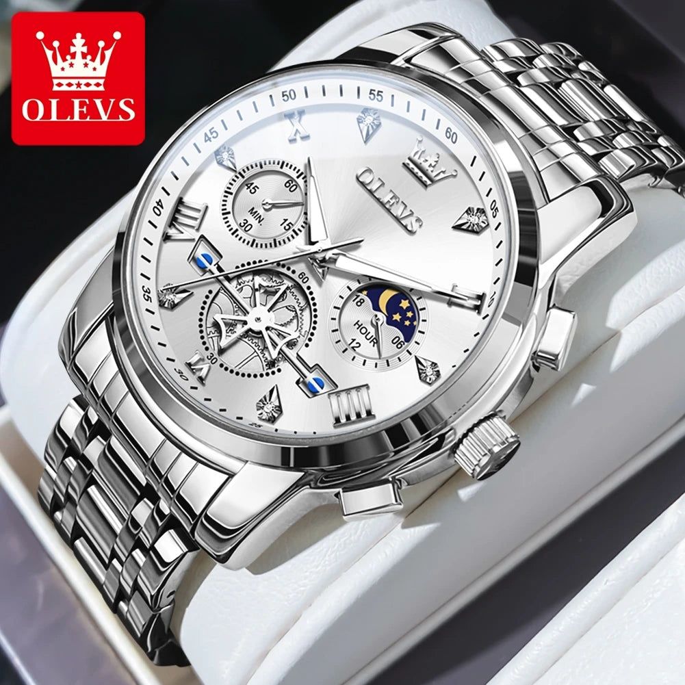OLEVS Men's Classic, Multifunctional, Chronograph, Quartz Wristwatch. Moon Phase, 24 Hour, Waterproof.