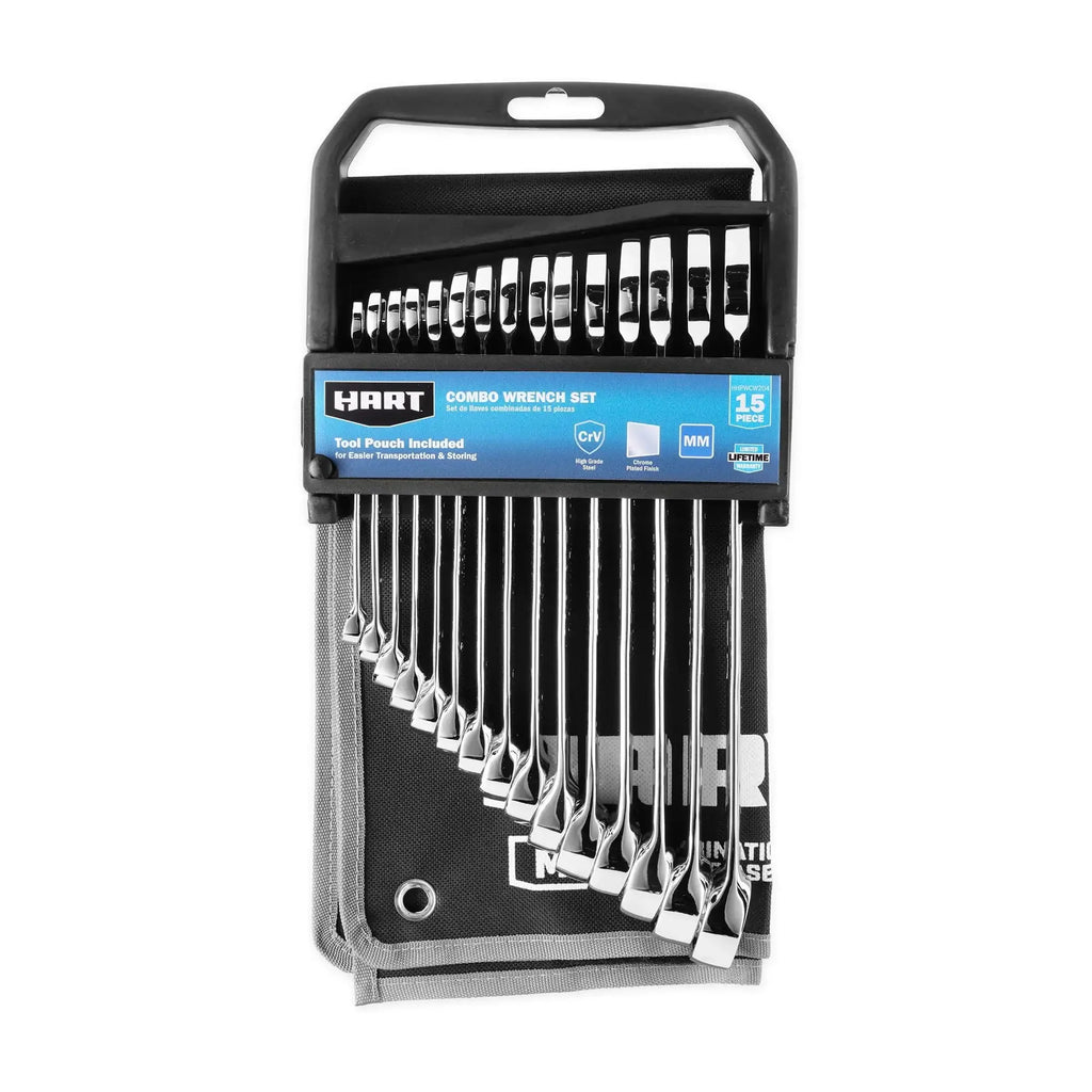 HART 15-Piece Metric Combination Wrench Set with Tool Pouch, Chrome Finish, Sizes 8-22mm.