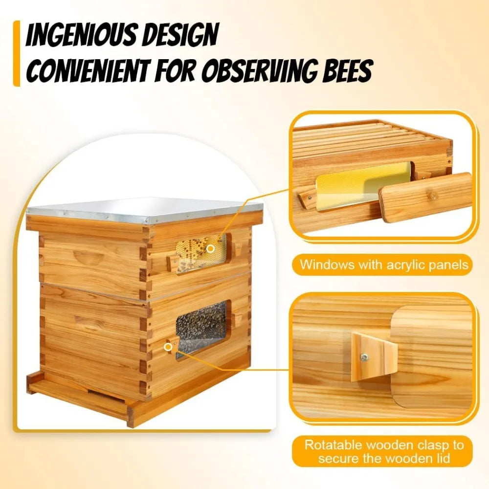 Honey Lake 10 Frame Langstroth Beehive Starter Kit – Wax-Dipped with Viewing Windows, Deep Brood Box, Medium Super.