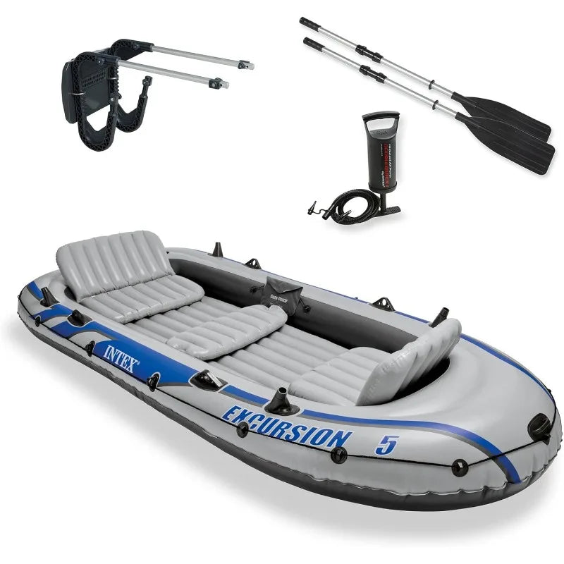 5 Person Inflatable Boat . 2 Aluminum Oars, Air Pump, Motor Mount Kit.