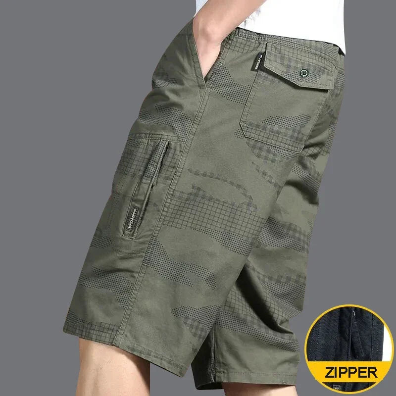 Classic Cargo Shorts, Zipper Pocket, Casual Knee Shorts. Cotton.