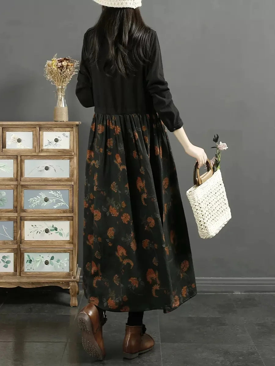Retro Floral Patchwork Turn-down Collar Long Dr Women's Autumn New Sle Wooden  Sensation Belted A-line Skirt Dr