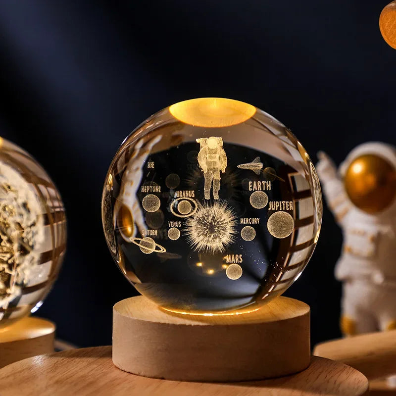 6/8cm 3D Crystal Ball Planet Night Light. Laser Engraved Solar System Globe. Home Desktop Decoration.
