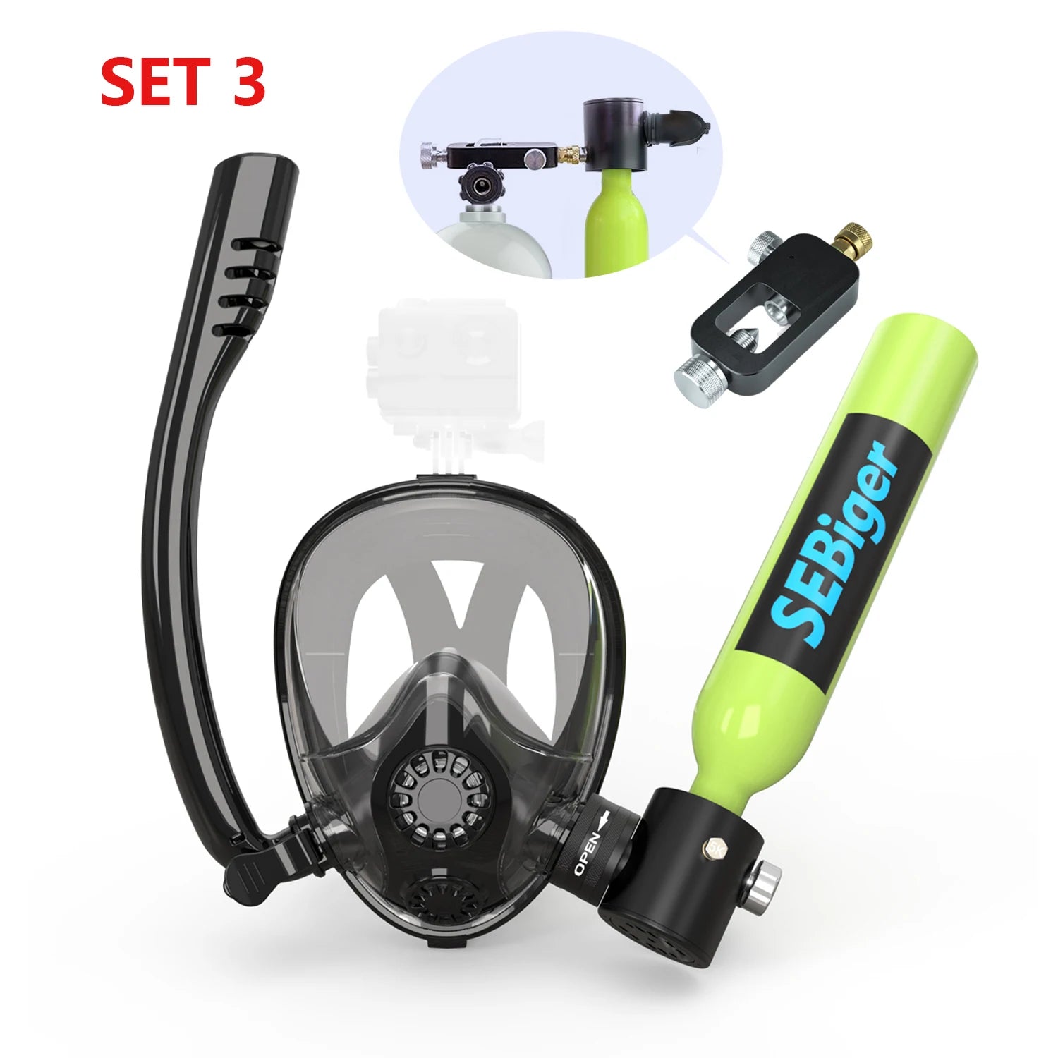 0.5L Diving Tank and Full Face Mask. 5-10 minutes underwater, Refillable.
