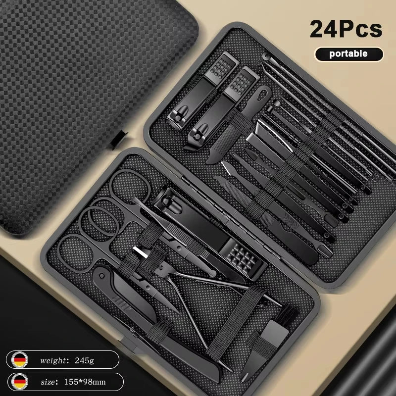 8/12/15/20/24pcs Black Nail Clipper Set. Pedicure, Knife, Stainless Steel, Nail Beauty Tool, Portable Travel Box.
