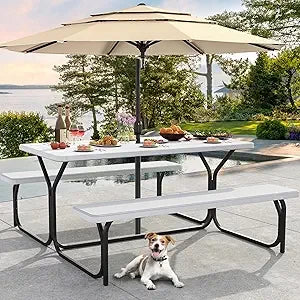6FT Picnic Table And Bench. W/Umbrella Hole. Resin Tabletop & Steel Frame .