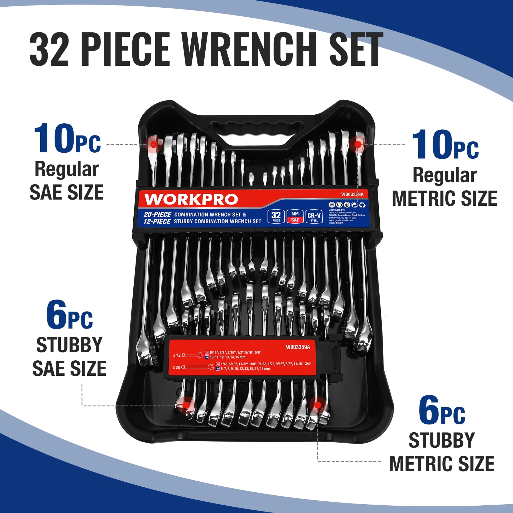 WORKPRO 32-Piece SAE & Metric Combination Wrenches Set, 20-Piece Standard wrenches and 12-Piece Stubby Wrenches with Organizer.