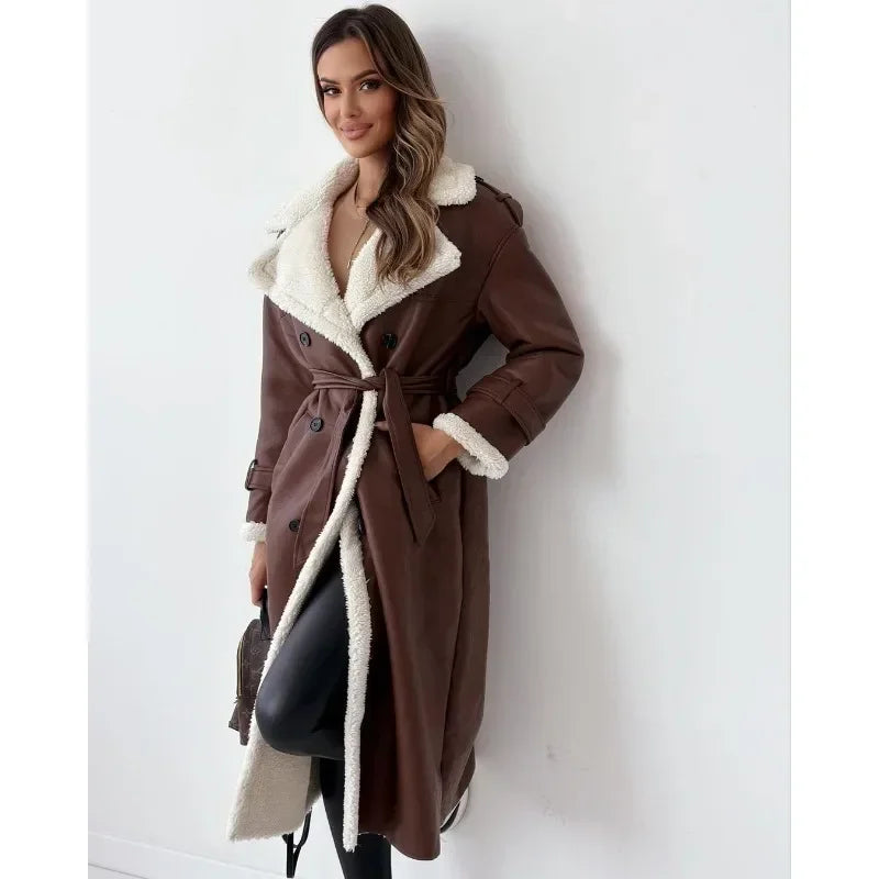 Women's Coat. Fashionable Faux Fur. Lapel Collar.
