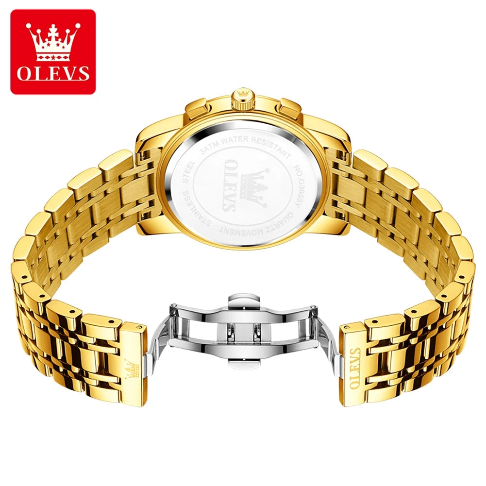 OLEVS Luxury Men's Watches. Moon Phase, Chronograph, Quartz, Gold Stainless Steel, Luminous.