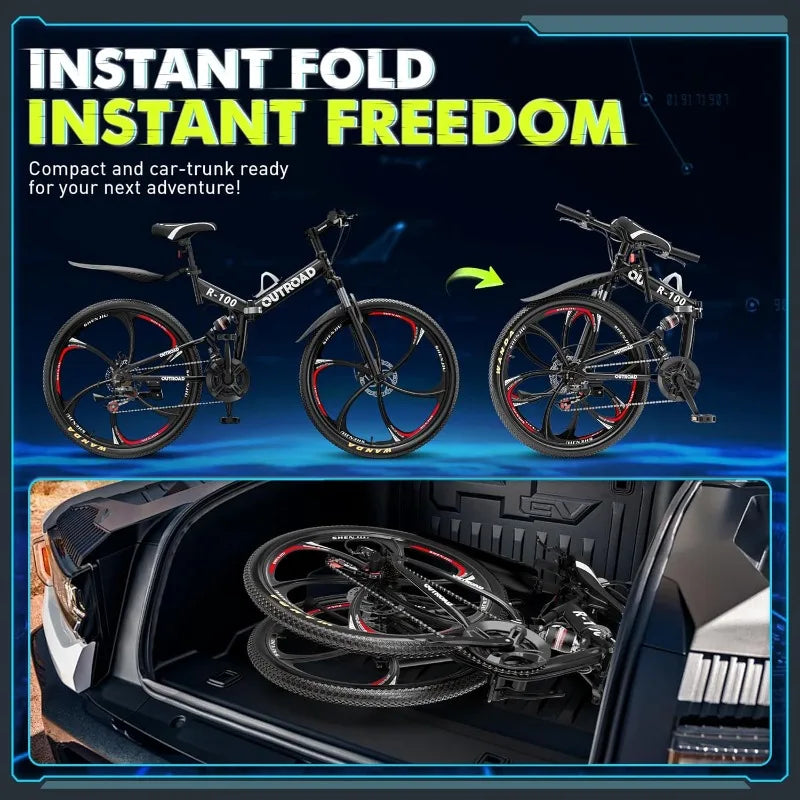 26 Inch Folding Mountain Bike, 21 Speed - Full Suspension - Dual Disc Brakes.