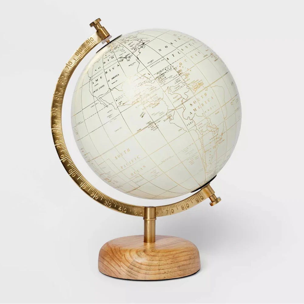 Rotating Antique World Globe With Metal Stand. Vintage Modern Decorative Earth Globe With Wooden Base For Desk Decor.