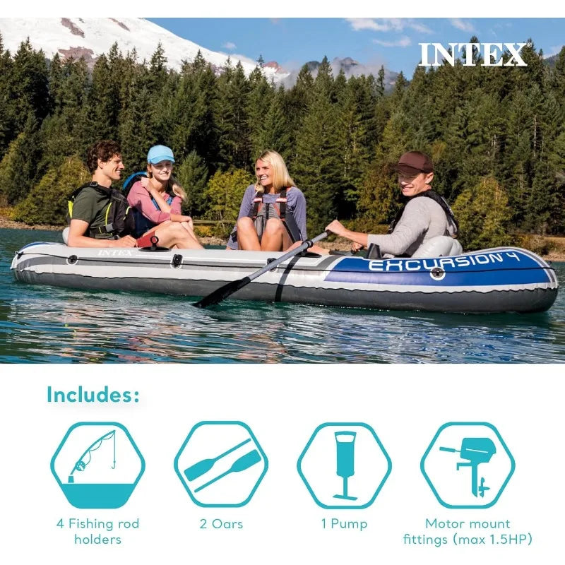 5 Person Inflatable Boat . 2 Aluminum Oars, Air Pump, Motor Mount Kit.