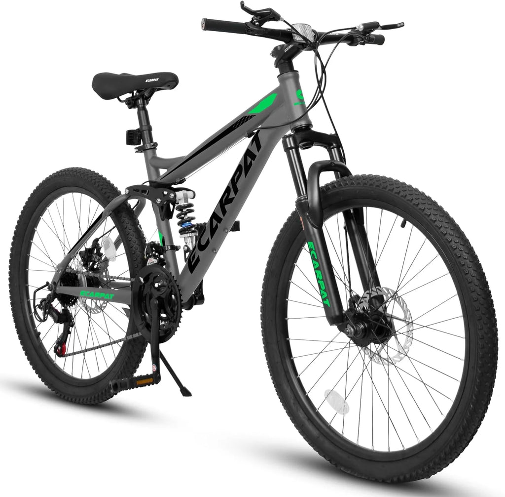 Ecarpat Dual Full Suspension Mountain Bike. 24/26/27.5 Inch, 21-Speed, Disc Brakes.