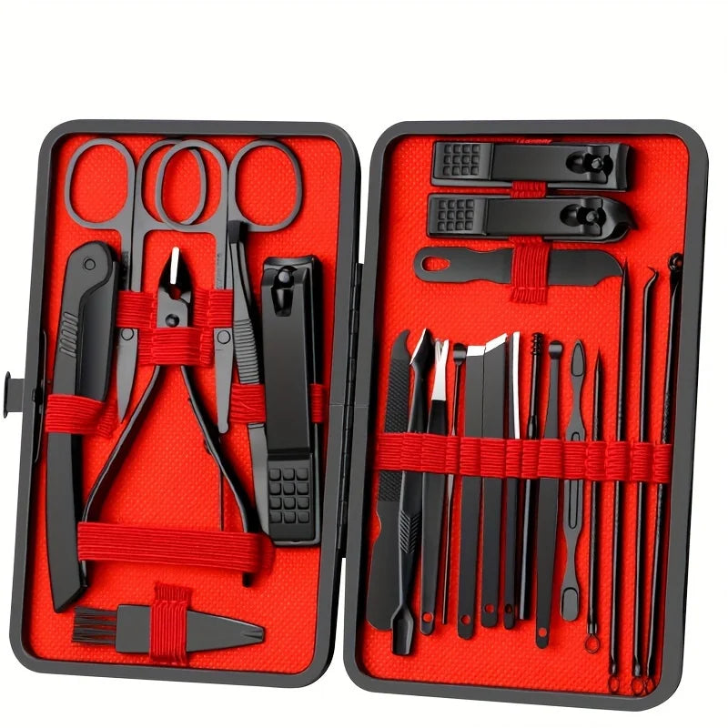 8/12/15/20/24pcs Black Nail Clipper Set. Pedicure, Knife, Stainless Steel, Nail Beauty Tool, Portable Travel Box.