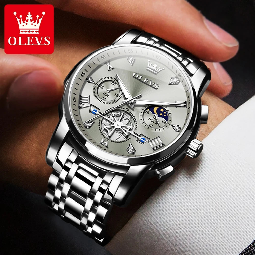 OLEVS Men's Classic, Multifunctional, Chronograph, Quartz Wristwatch. Moon Phase, 24 Hour, Waterproof.