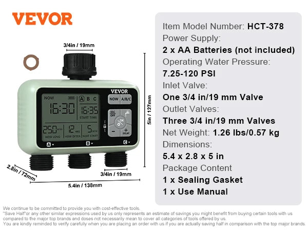 VEVOR Water Timer, 3 Hose Outlets, Independent Watering Zone, LCD Display, Rain Delay Mode, Manual Mode, Watering Sprinkler Timer.