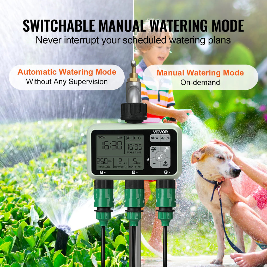 VEVOR Water Timer, 3 Hose Outlets, Independent Watering Zone, LCD Display, Rain Delay Mode, Manual Mode, Watering Sprinkler Timer.