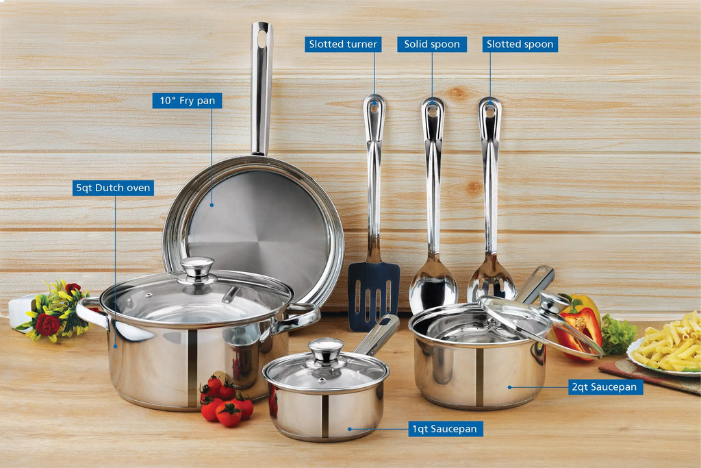 10-Piece Nonstick Stainless Steel Cookware Set. Durability And Style For Everyday Homemaking.