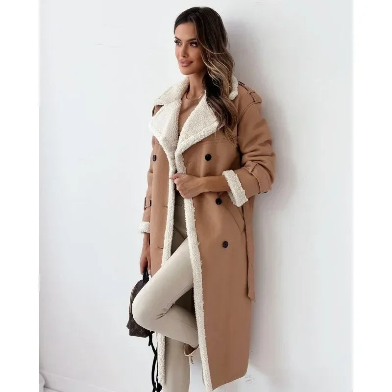 Women's Coat. Fashionable Faux Fur. Lapel Collar.