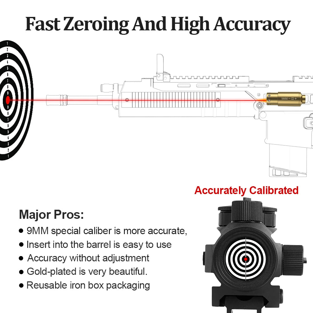 9MM Red Dot Laser Bore Sight. Brass . For Pistol Or Rifle Scope.