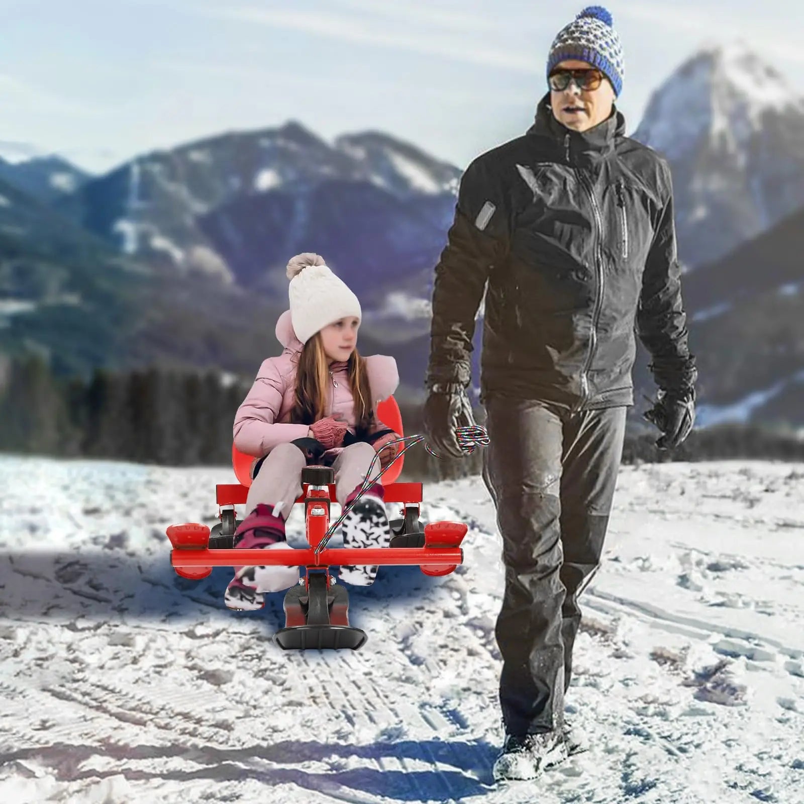Snow Racer Sled, Ski Slider with Long Pull Rope, 2 Modes & Adjustable Length - Ages 3 and Up.