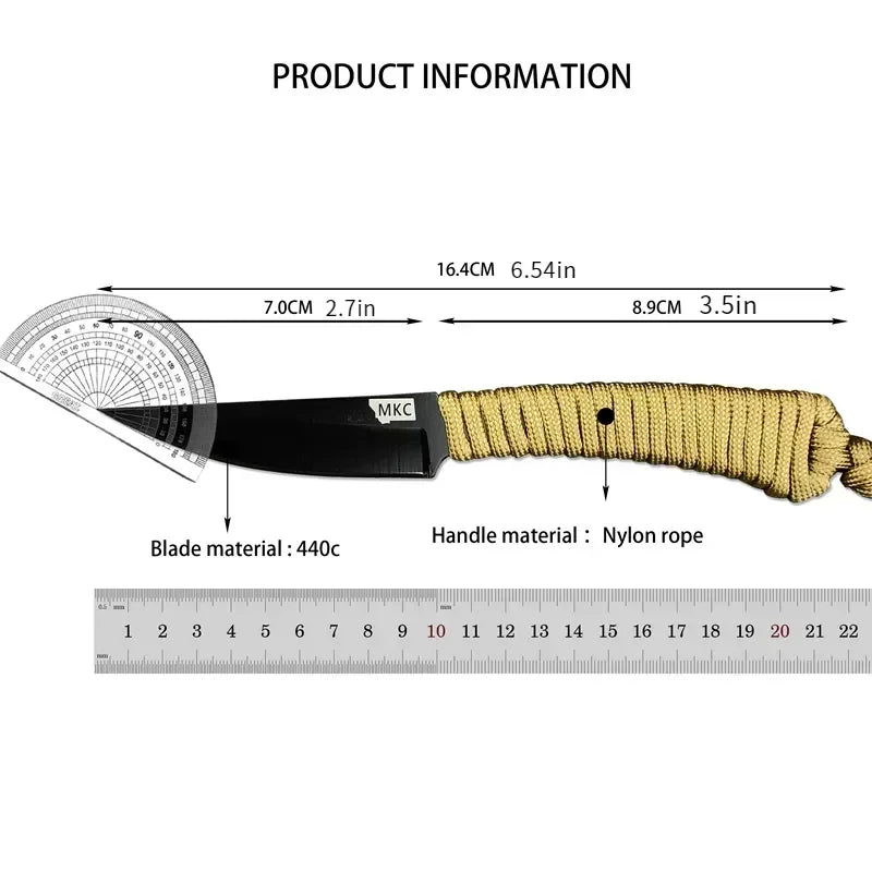 Fixed Blade Knife, Nylon Rope Handle, Nylon Sheath, Hunting, Fishing .