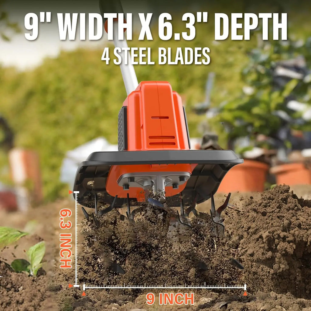20V Cordless Tiller, 9-Inch with 48 Steel Tines, 360RPM Battery Powered.