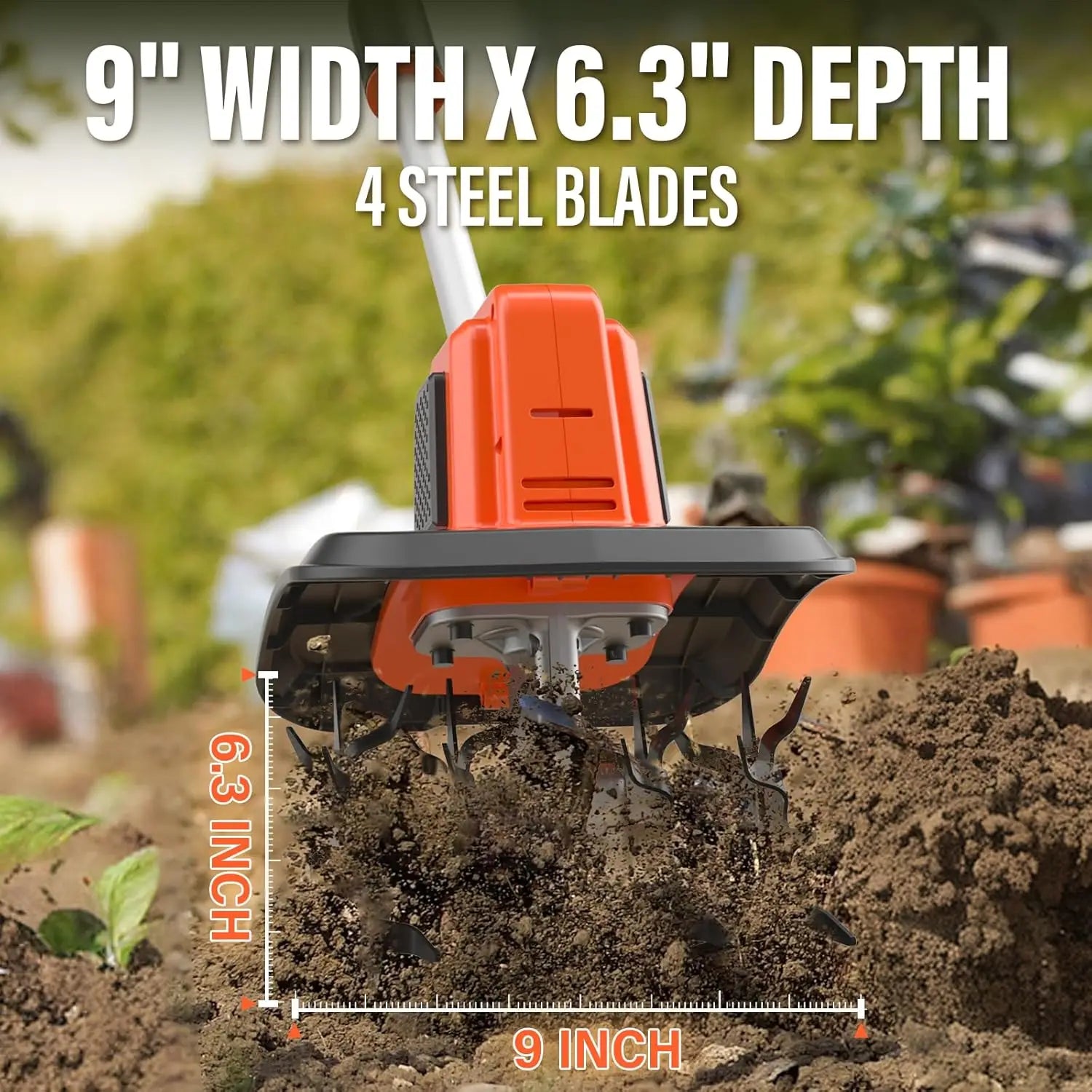 20V Cordless Tiller, 9-Inch with 48 Steel Tines, 360RPM Battery Powered.