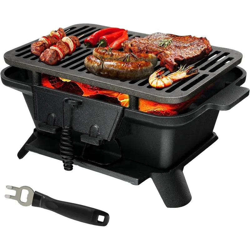 Portable Cast Iron Charcoal Hibachi Grill with Double-sided Grate