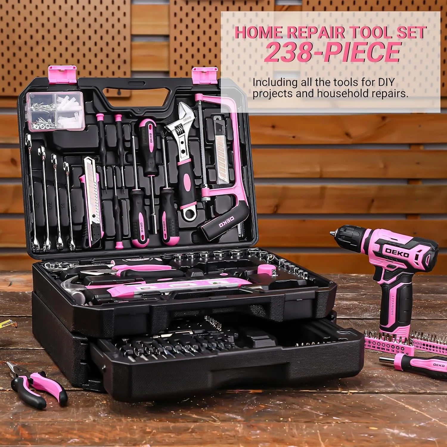 DEKO Home Mechanic Toolbox with 12V Power Cordless Drill. Storage Organizer Case.