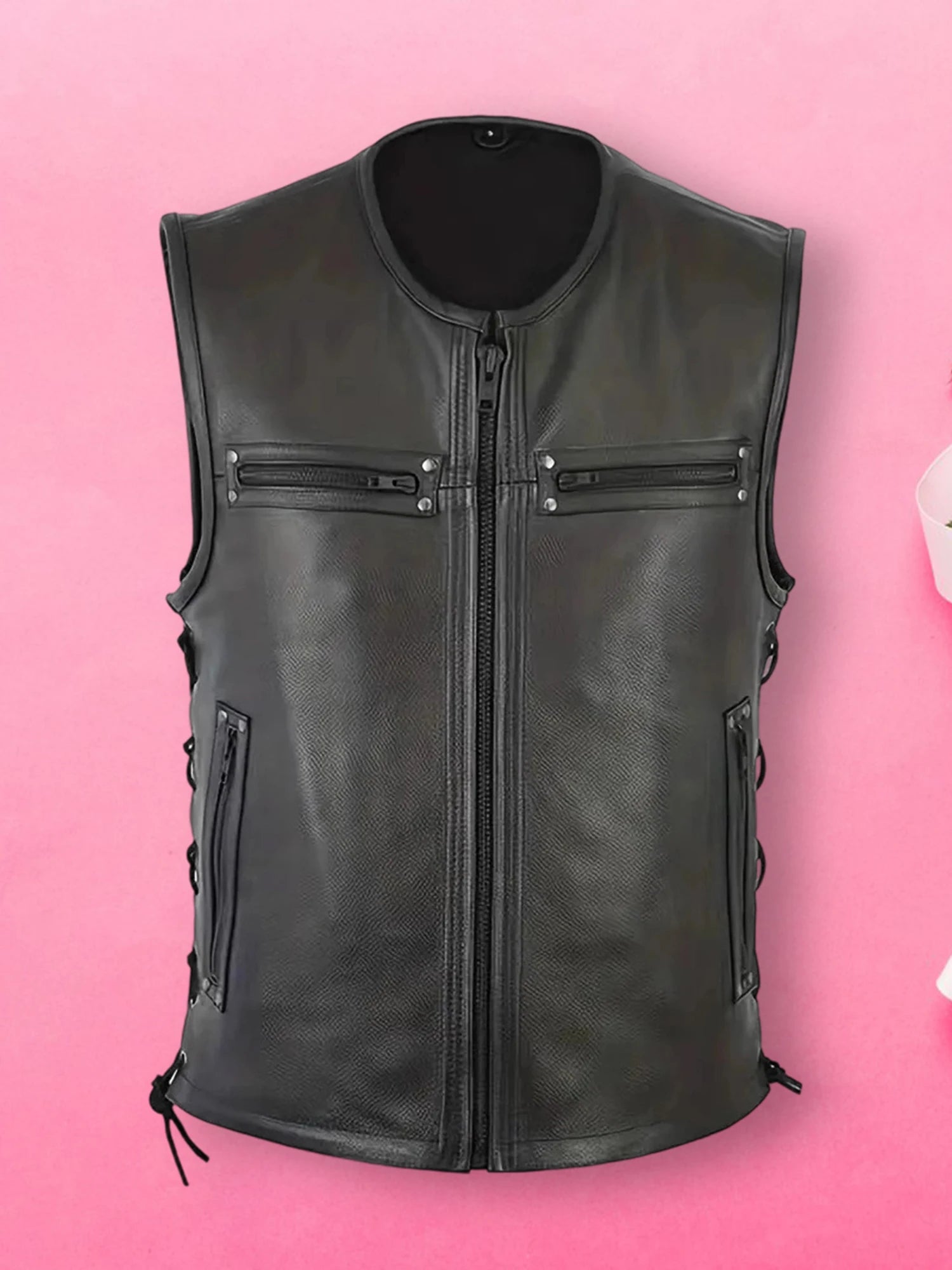 Stylish Men s Biker Vest, Genuine Leather With Multiple Pockets And Zipper Closure.