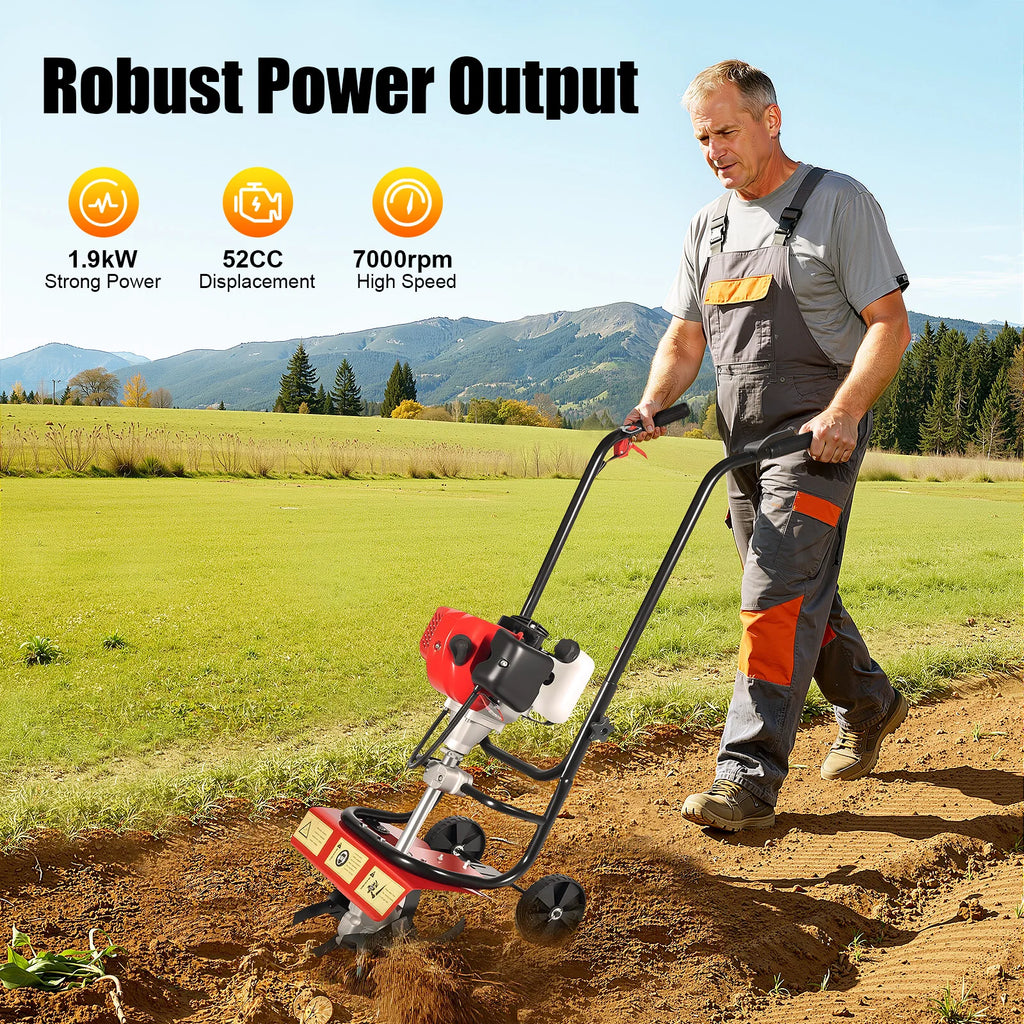 Hand-Pushed Micro-Tiller -1.9kw 52cc 2-Stroke Engine, 0.2gal Fuel Tank.