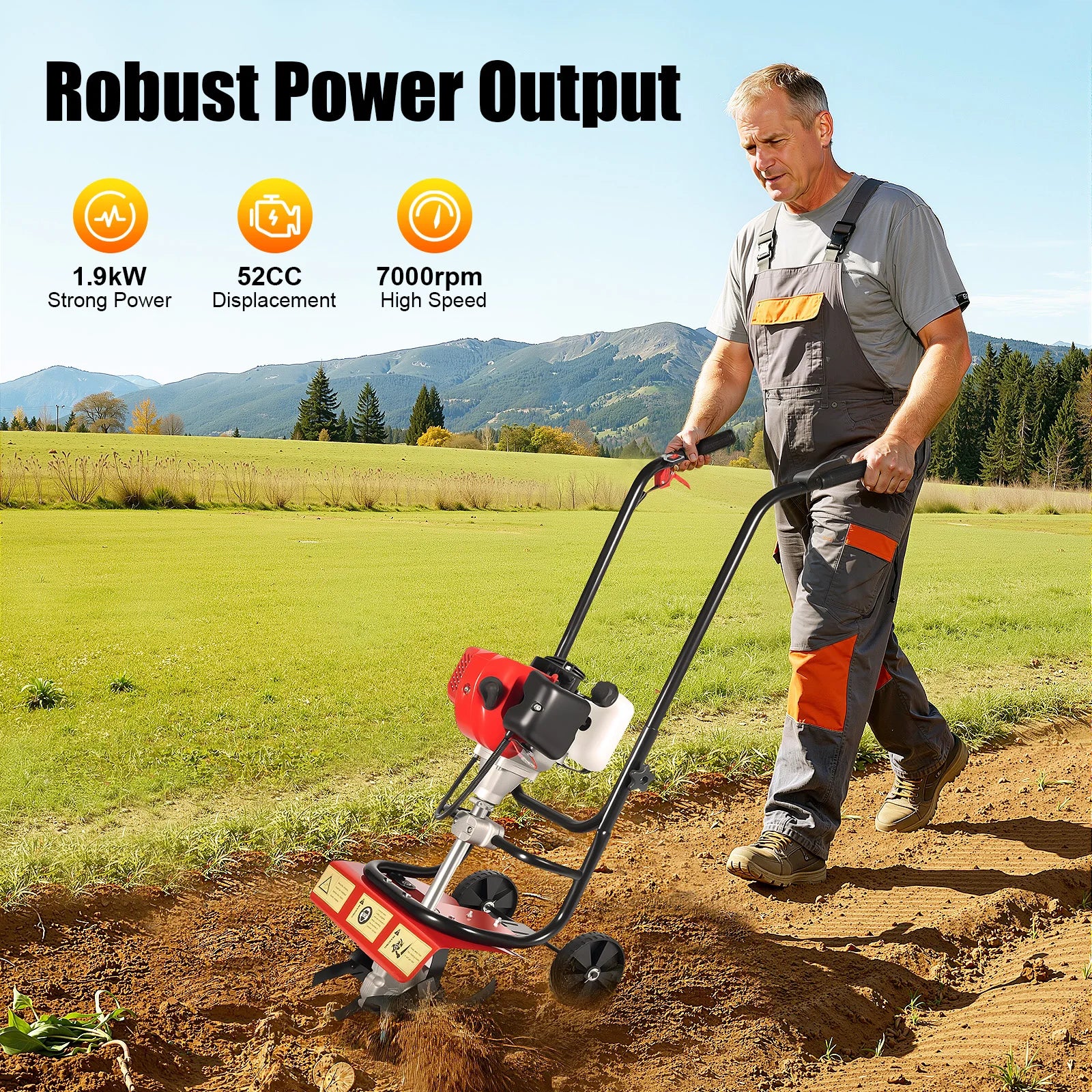 Hand-Pushed Micro-Tiller -1.9kw 52cc 2-Stroke Engine, 0.2gal Fuel Tank.