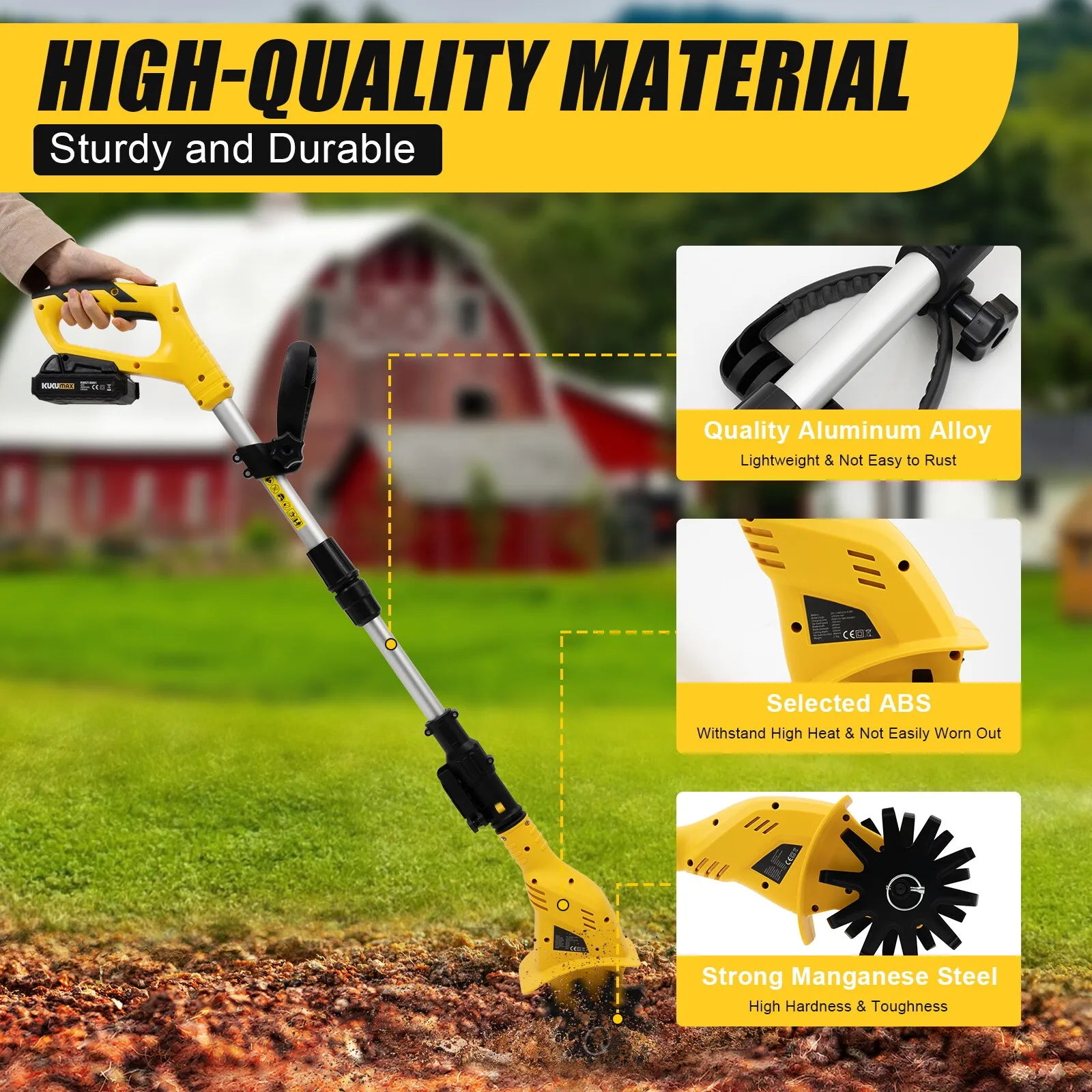 20V Cordless Electric Rototiller, Adjustable Height, 6.7Inch Tilling Depth, Lightweight.