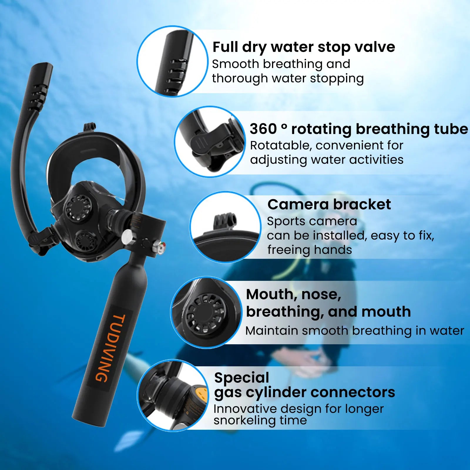TUDIVING-0.5L Scuba Diving Tank Set with Full Face Snorkel Mask.